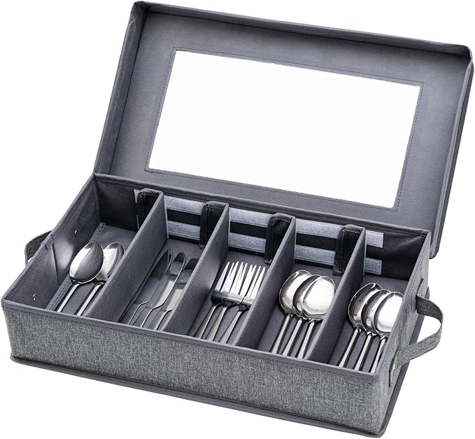 Lafulling Silverware Storage Box, Flatware Storage with Adjustable Dividers