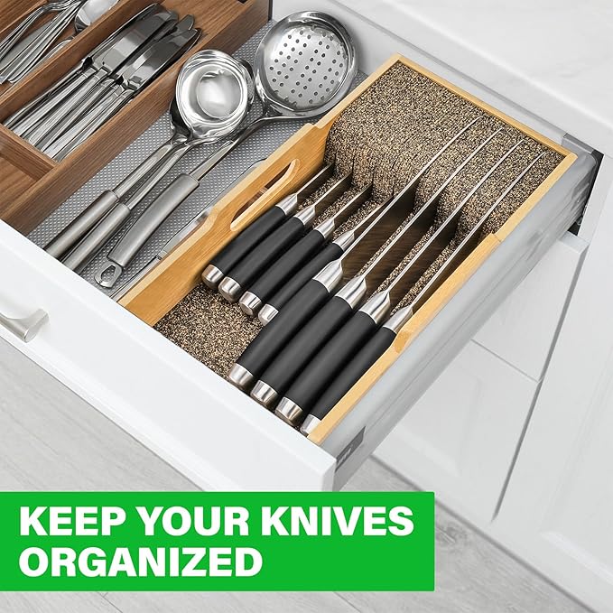 Mospten Bamboo Knife Drawer Organizer Insert - Kitchen In-Drawer Knife Block Holder, Flexible Dividers for Knives Organization