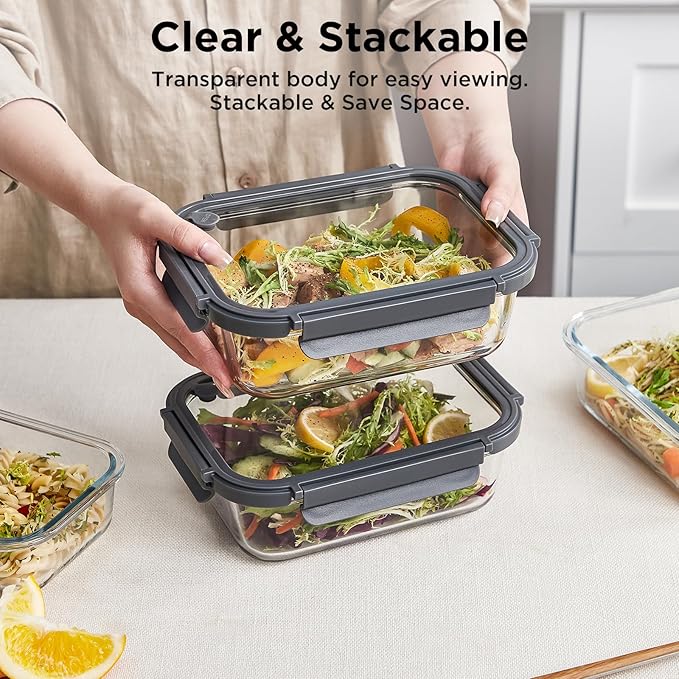 Spreccio Glass Food Storage Containers with Lids, 5 Pack of 36oz, Glass Meal Prep Container with Airtight Lids, Microwave Safe Food Container Set, BPA Free, LeakProof, Ideal for Lunch