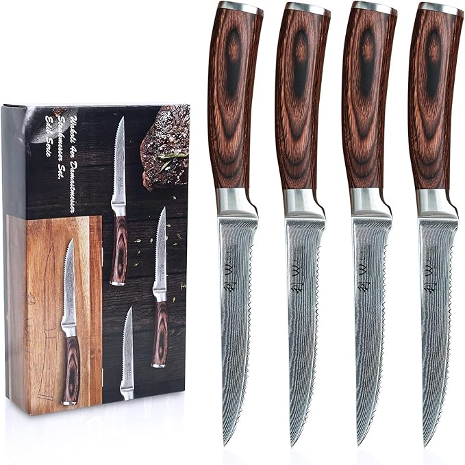 Wakoli EDIB Damascus Steak Knife Set, 4-Piece VG10 Stainless Steak Knives