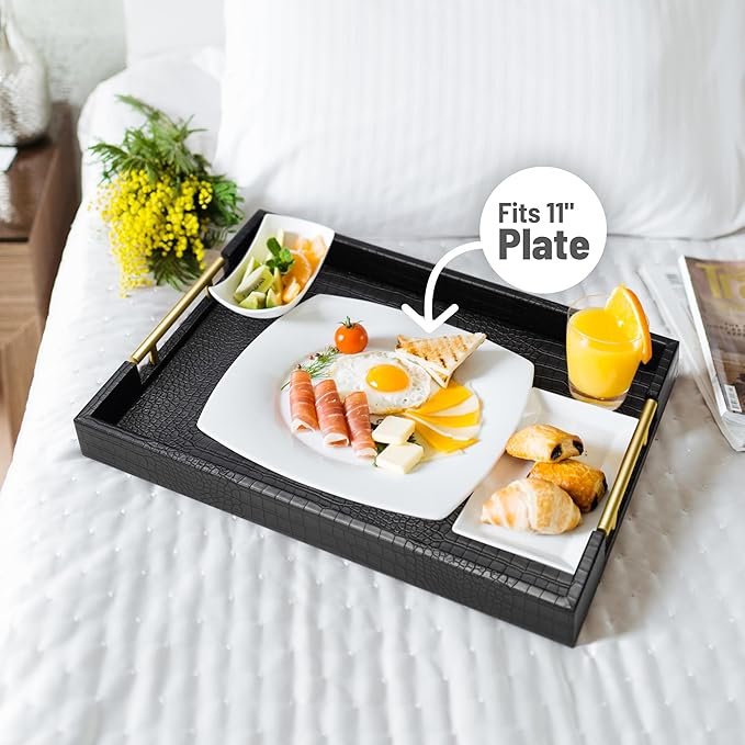 ATZYmolin 17"x12" Leather Serving Tray, Gold Handle Vanity Platter, Black