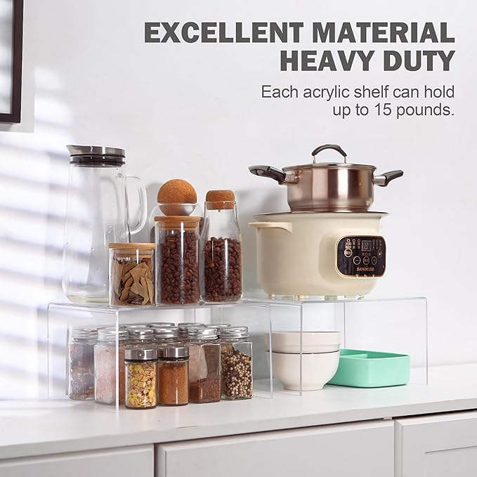 Clear Acrylic Cabinet Organizer Shelf 2Pcs, Stackable Cabinet Shelves, Dish Organizer for Cabinet, Kitchen Cabinet Organizer Riser, Pantry Cupboard Storage for Spice Bottles, Mugs, Small Plates & Jars