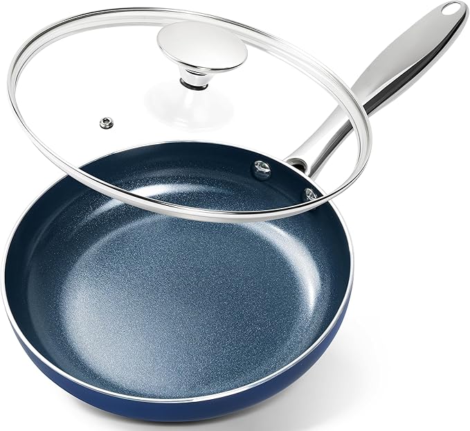 MICHELANGELO Large Frying Pan with Lid, 14 Inch Blue Frying Pan with Nonstick Diamond Infused Coating, Nonstick Frying Pans, Ceramic Fry Pan, Non-Toxic