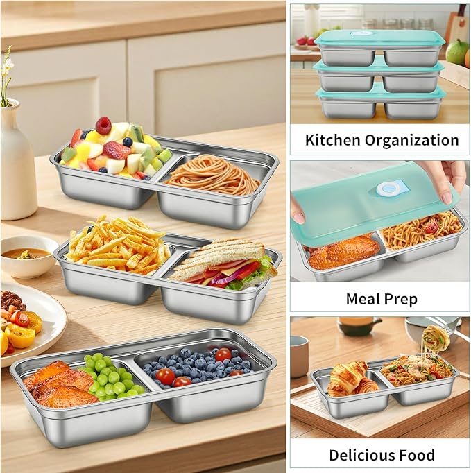 MJDYTYT 3 Pack Leakproof Stainless Steel Snack Containers with Secure Sealed Lids, Reusable 2 Compartment Bento Boxes for Lunch Prep, Travel, School & Office Stainless Steel Lunch Box