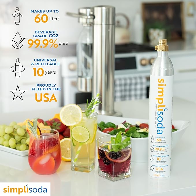 Simpli Soda 60L CO2 Canister Cylinders - Compatible w/Sodastream BLUE Screw-In Only, Ninja Thirsti, Philips, and More - Threaded Style Soda Streaming Machine CO2 Tanks Gas Refill, | 14.5 oz, Set of 4