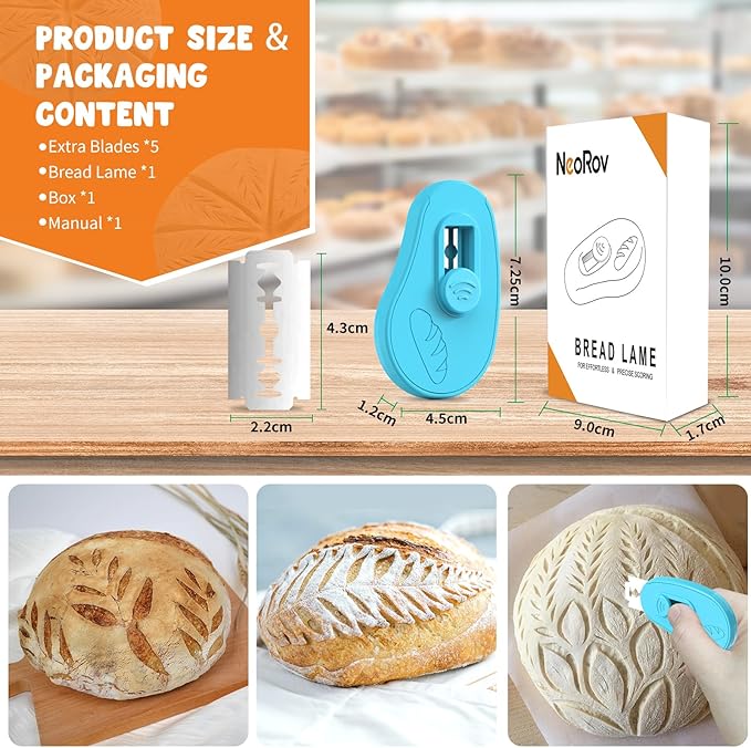 NeoRov Extractable & Magnetic Bread Lame Dough Scoring Tool - Professional Sourdough Scoring Tool - Sourdough Bread Baking & Bread Scoring Tool - Scoring Patterns booklet & 5 Razor Blades (Blue)
