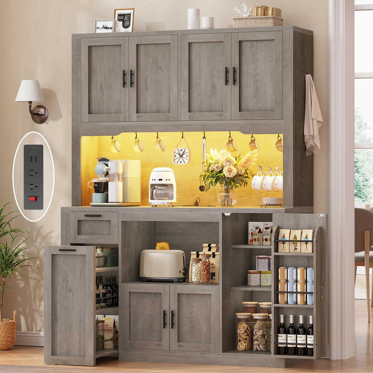 Itaar 71" Pantry Cabinet with Charging Station and LED Light, Kitchen Pantry Cabinet with Microwave Stand, 47.2" Wide Kitchen Storage Cabinets with Storage Cart 3 Tier for Dining Room, Grey