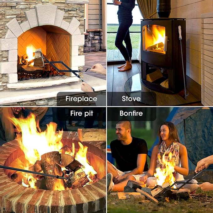 26" Fireplace Fire Pit Tongs & 32" Fire Pit Poker, Heavy Duty Wrought Iron