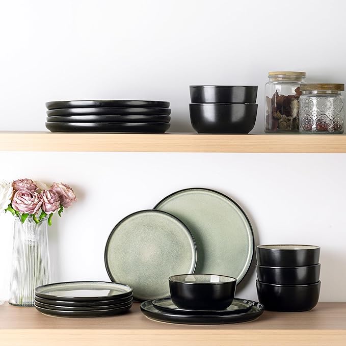 AmorArc Stoneware Dinnerware Sets for 4, 12Pcs Plates and Bowls Sets Dishes