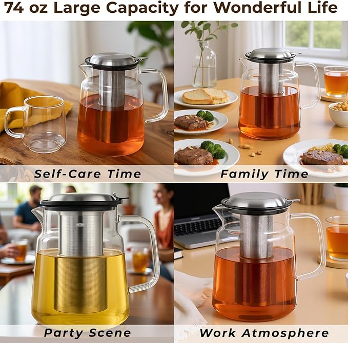 Aquach 74oz Glass Tea Pot with Infuser, Stovetop Safe Borosilicate Teapot