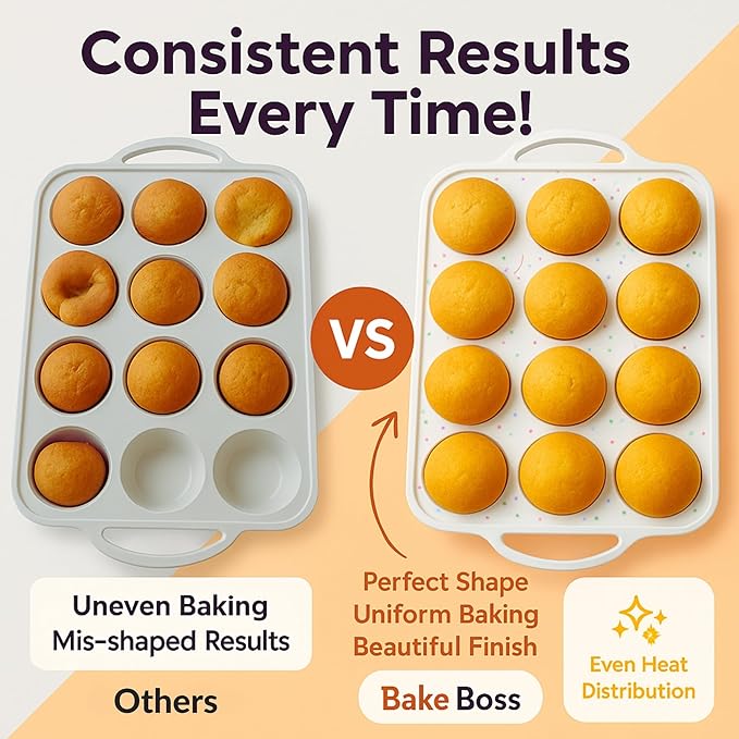 BAKE BOSS Silicone Muffin Pan for Baking, 1-Pack Regular 12 Cup, BPA-Free