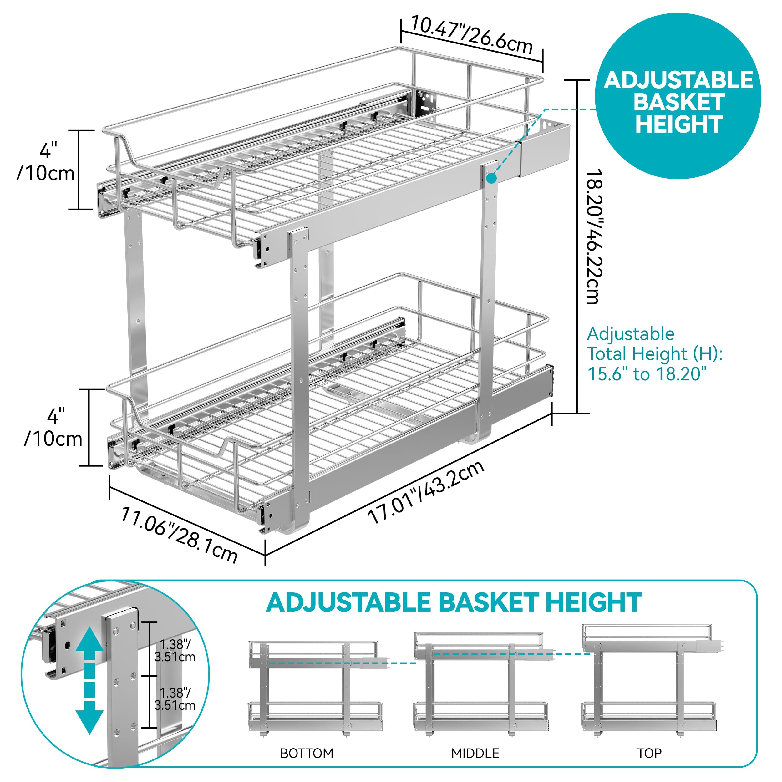 2 Tier Pull Out Cabinet Organizer 11" W X 22" D, Chromed, Full Slide Out