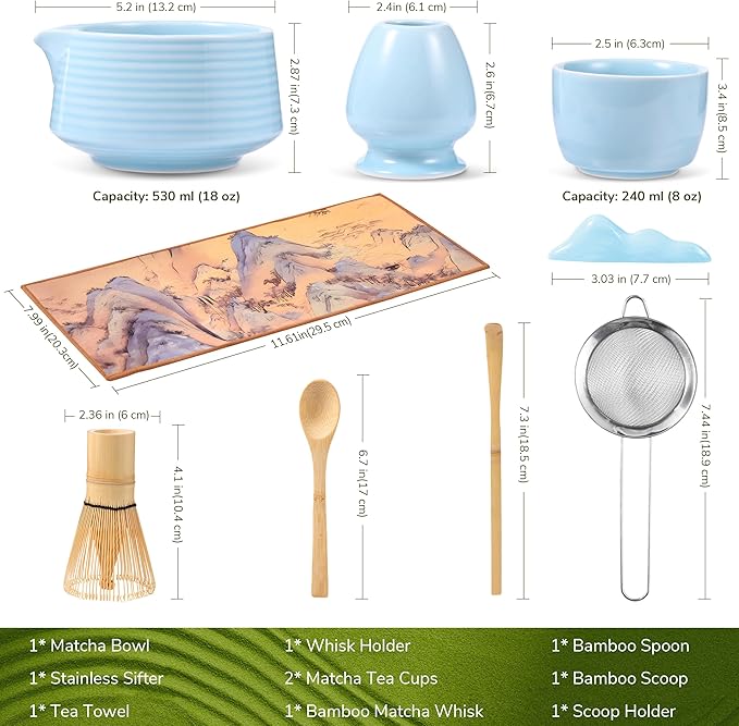 HELPLX Matcha Whisk Set, 10-Piece Japanese Matcha Kit with Bowl, Whisk & Holder, 2 Tea Cups, Bamboo Scoop, Spoon, Sifter, Scoop Rest & Tea Towel – Blue Matcha Tea Set for Ceremony or Daily Use