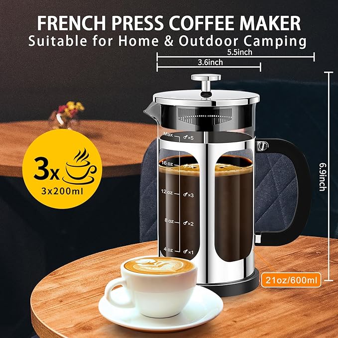 YMMIND French Press Coffee Maker (21oz 600ML 3-4Cup) Coffee Press, with 4 Filters System, Heat Resistant Thickness Borosilicate Glass, Cold Brew Coffee Tea Pot Gifts (Silvery)