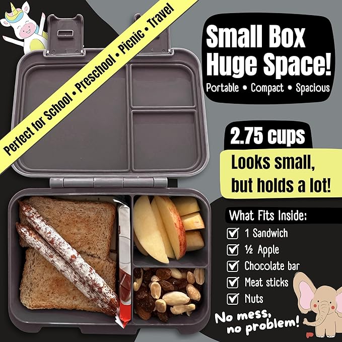 BEARFOOT Kids Lunch Box with Compartments – Compact & Lightweight | Leak-Proof, BPA-Free, Dishwasher Safe | Hand-Drawn Design for Preschool, School, Travel (Black, 2.75 Cups)