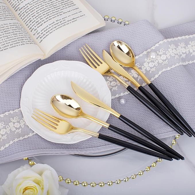 I00000 60 Pcs Black Plastic Cutlery Set, Gold Utensils with Black Handle