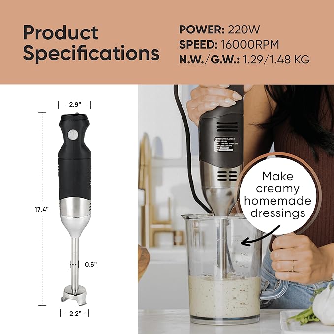 TK Handheld Immersion Blender 220W - 8-Speed, Commercial Grade - 7" Shaft