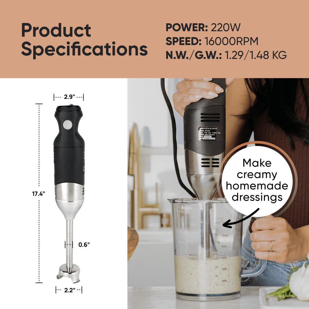 TK Handheld Immersion Blender 220W - 8-Speed, Commercial Grade - 7" Shaft