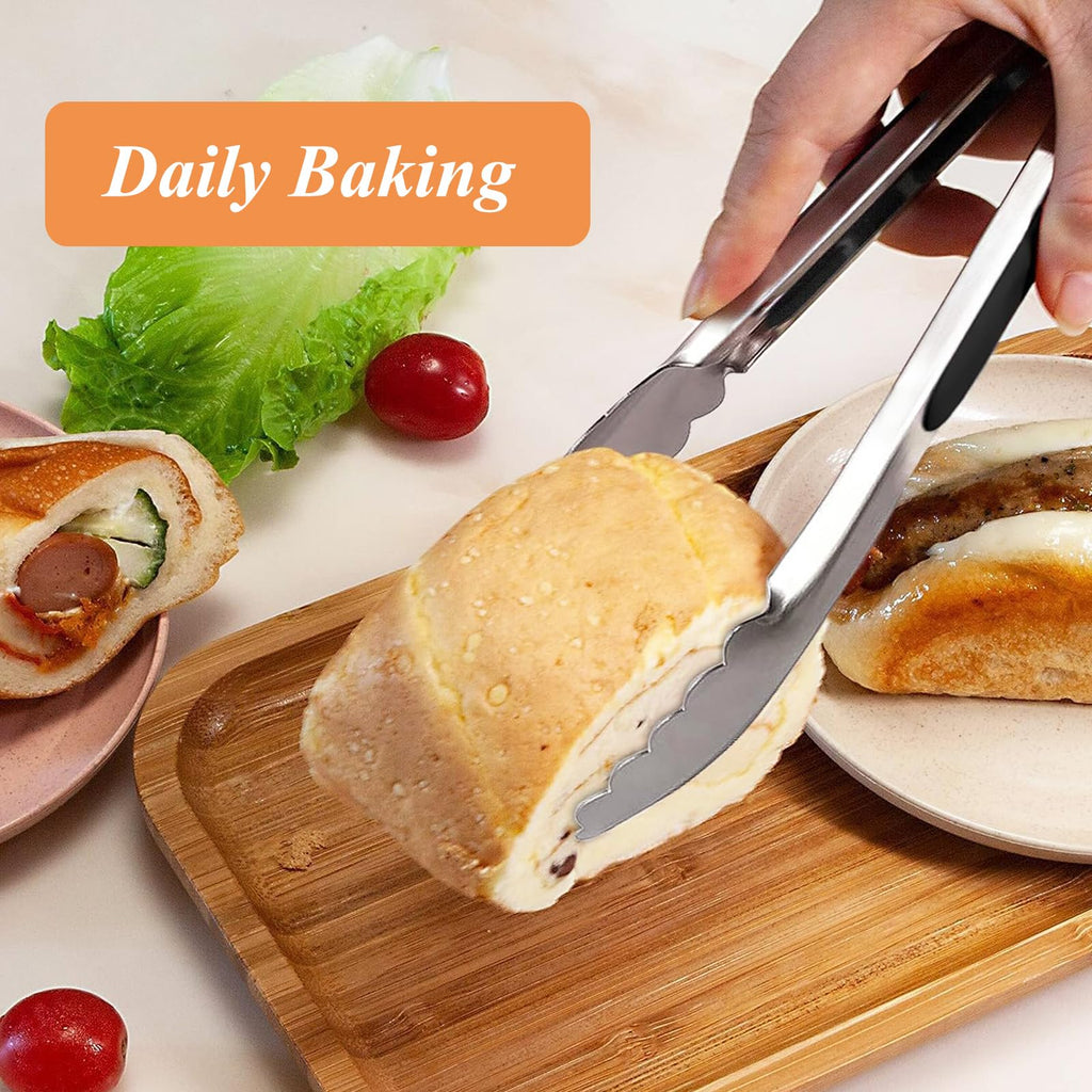 Tongs for Cooking, 9-Inch Stainless Steel Kitchen Tongs, Locking Metal Food Tongs with Silicone Non-Slip Grip, Kitchen Utensils for Food, Salad and Outdoor BBQ (Set of 4)