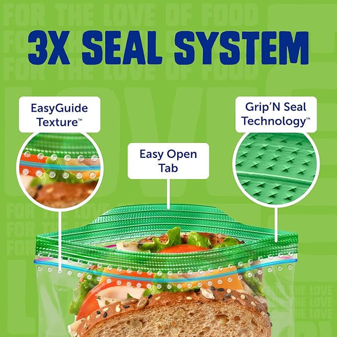 Ziploc XL Sandwich and Snack Bags, Easy Open and Close, Plastic Food Storage Bags, 90 Bags Total