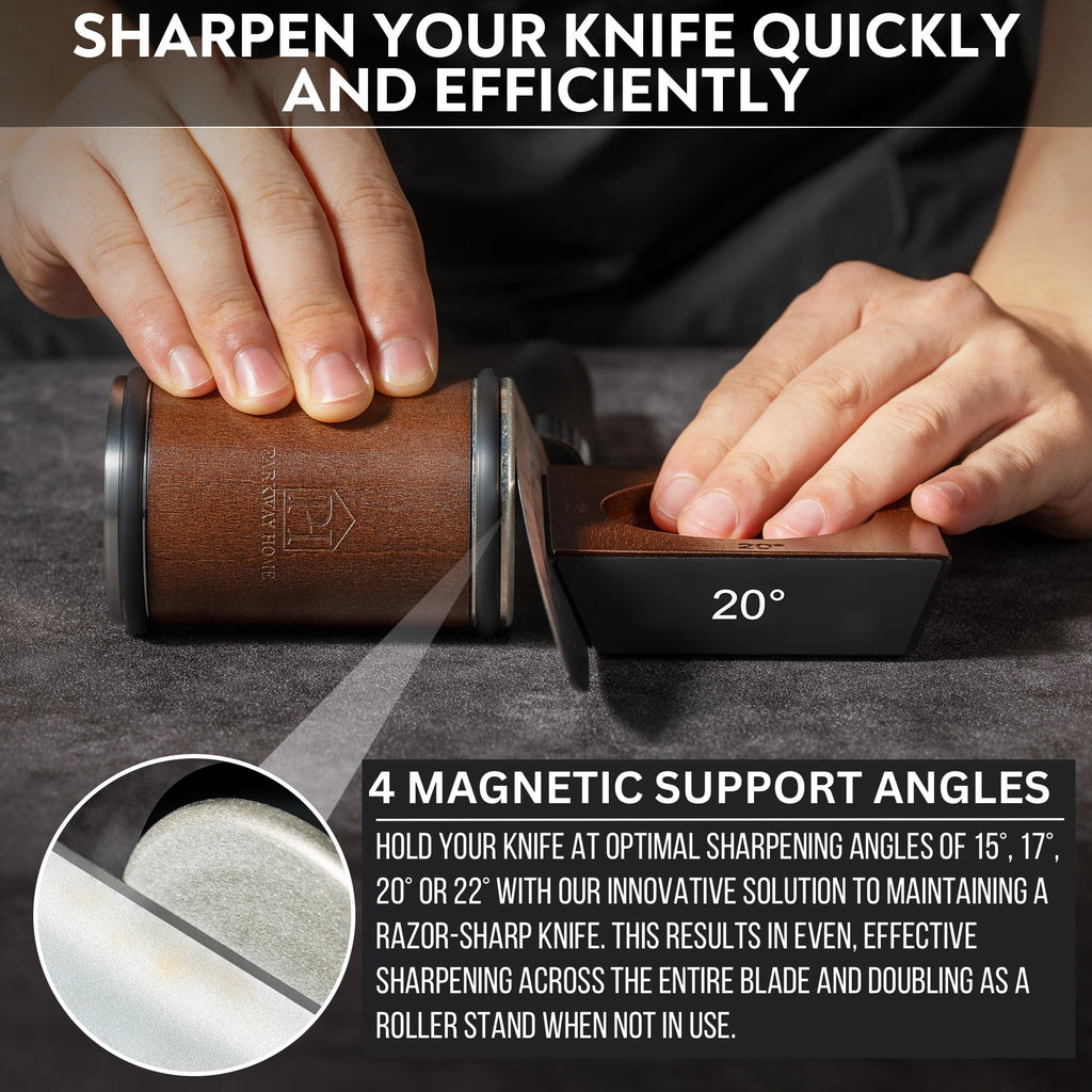 Rolling Knife Sharpener with Leather Strop and 15, 17, 20 & 22 Degree Angles - Knife Sharpener Kit - Roller Knife Sharpening System with Stand, Holder & Eraser - Walnut Brown