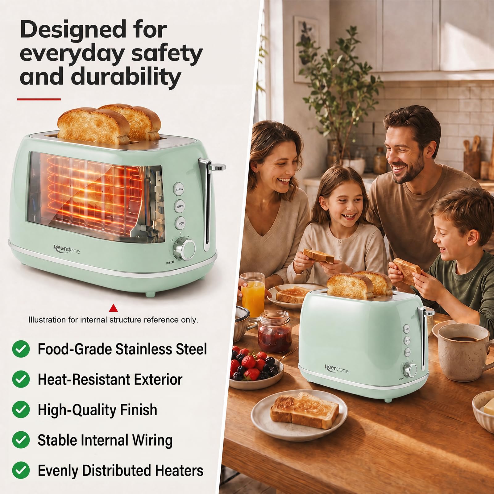 2 Slice Stainless Steel Toaster Retro with 6 Bread Shade Settings, Bagel, Cancel, Defrost Function, Extra Wide Slot, Removable Crumb Tray Green