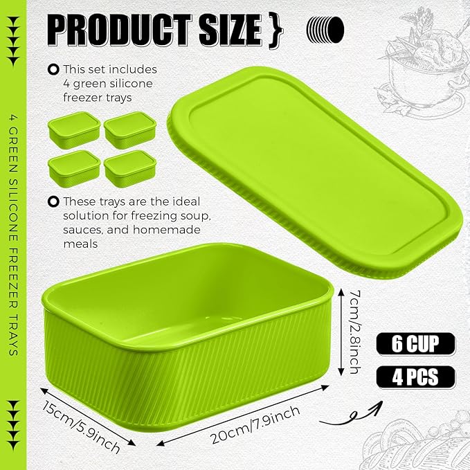 Nuogo 4 Pcs 6 Cup Silicone Freezer Trays with Lid Soup Containers, Green