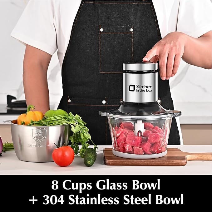 Kitchen in the box Food Processors,Small Meat Grinder & Food Chopper Electric Vegetable Chopper with 2 Bowls (8 Cup+8 Cup)& 2 Bi-Level Blades for Meat/fish/Vegetable/Baby Food,Black