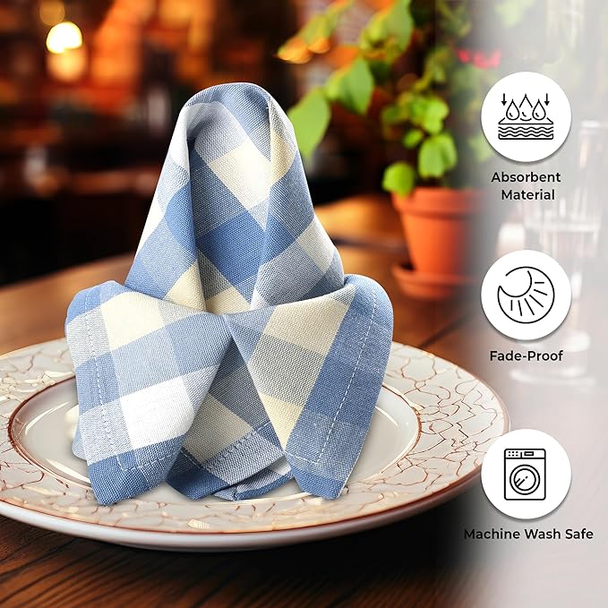 Urban Villa Cloth Napkins Cotton 20x20 (Set of 12) Blue Sand Checks