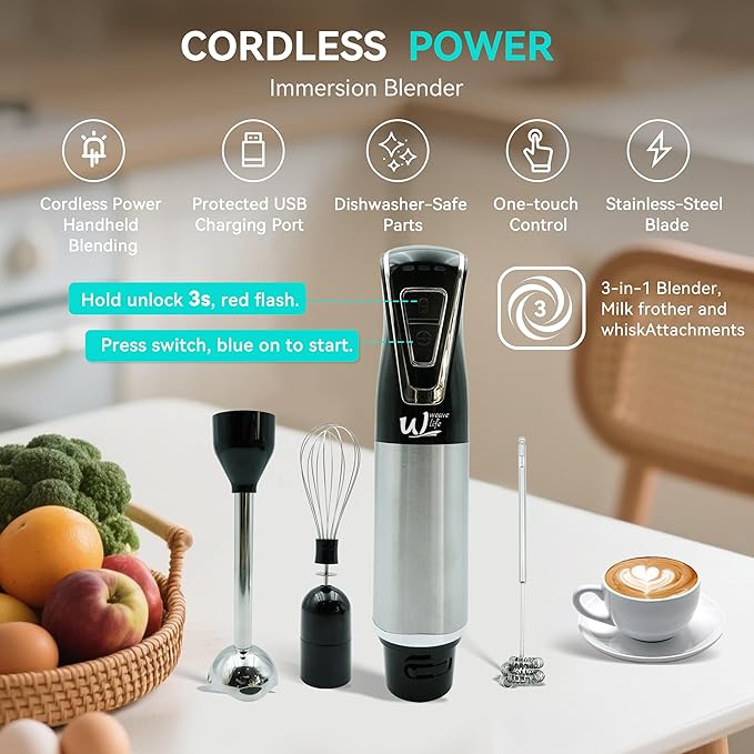 Weavelife 3-in-1 Cordless Hand Blender Set - One-Touch Control & Safety Lock, Immersion Blender with Whisk and Frother for Lattes, Desserts, Soups, Dishwasher-Safe