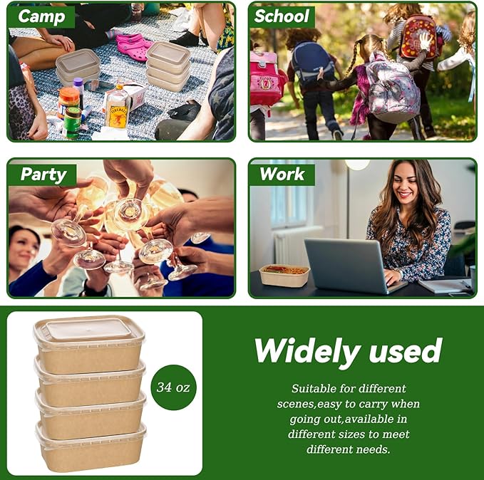 50-Pack 34oz Kraft Paper Bowls, Disposable Meal Prep Containers with Lids and Forks, Food Prep Containers To Go Food Containers Deli Containers for Take-out, Meal Prep, World Cup Party Supplies