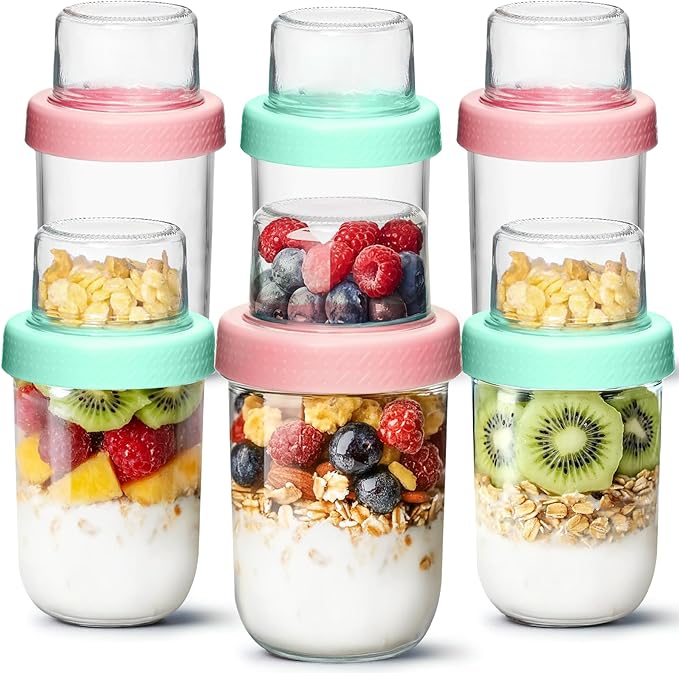 ComSaf 16+4Oz 6Pcs Overnight Oats Containers with Lids, Dual-Layer Jars