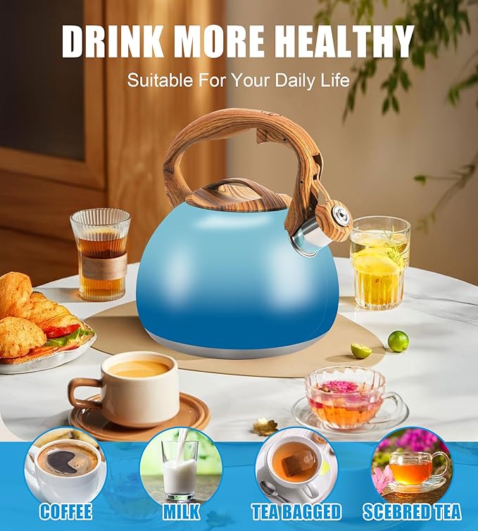 Foedo 3.2Qt Stainless Steel Whistling Tea Kettle Stovetop, Sky Blue