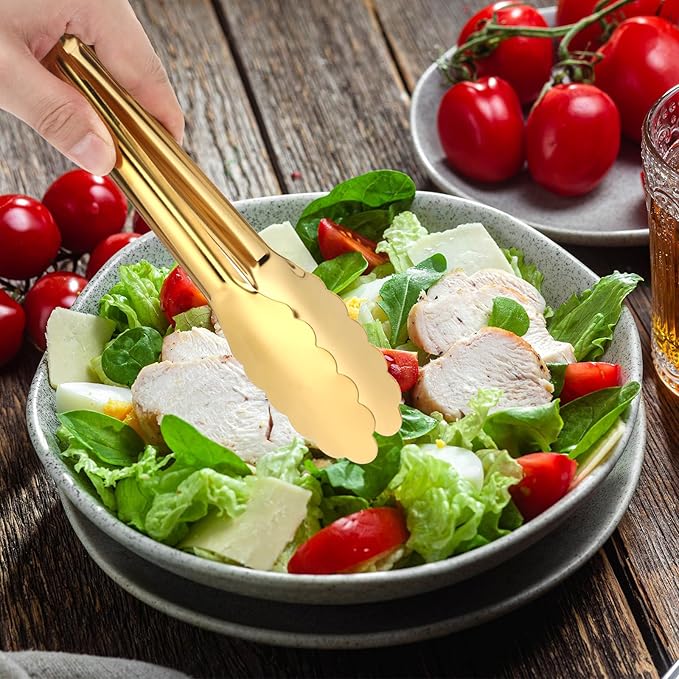 Dimeho 12 Pack Stainless Steel Buffet Tong Gold Serving Tongs 9 Inch Buffet Utensils Heavy Duty Durable Clamps Metal Kitchen Clip for Salad Steak Wedding Party Banquet Gathering