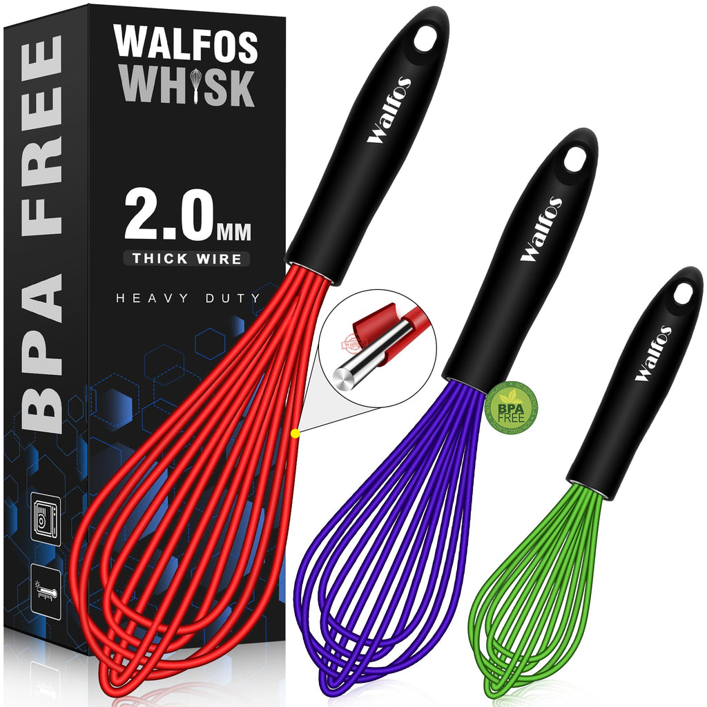 Walfos Whisk,7+9+11in Silicone whisk, BPA free Whisks for Cooking Non Scratch. Heat Resistant(480°F) Wisk. Perfect for Blending, Mixing, Beating etc.Dishwasher Safe.Set of 3 (Colorful)