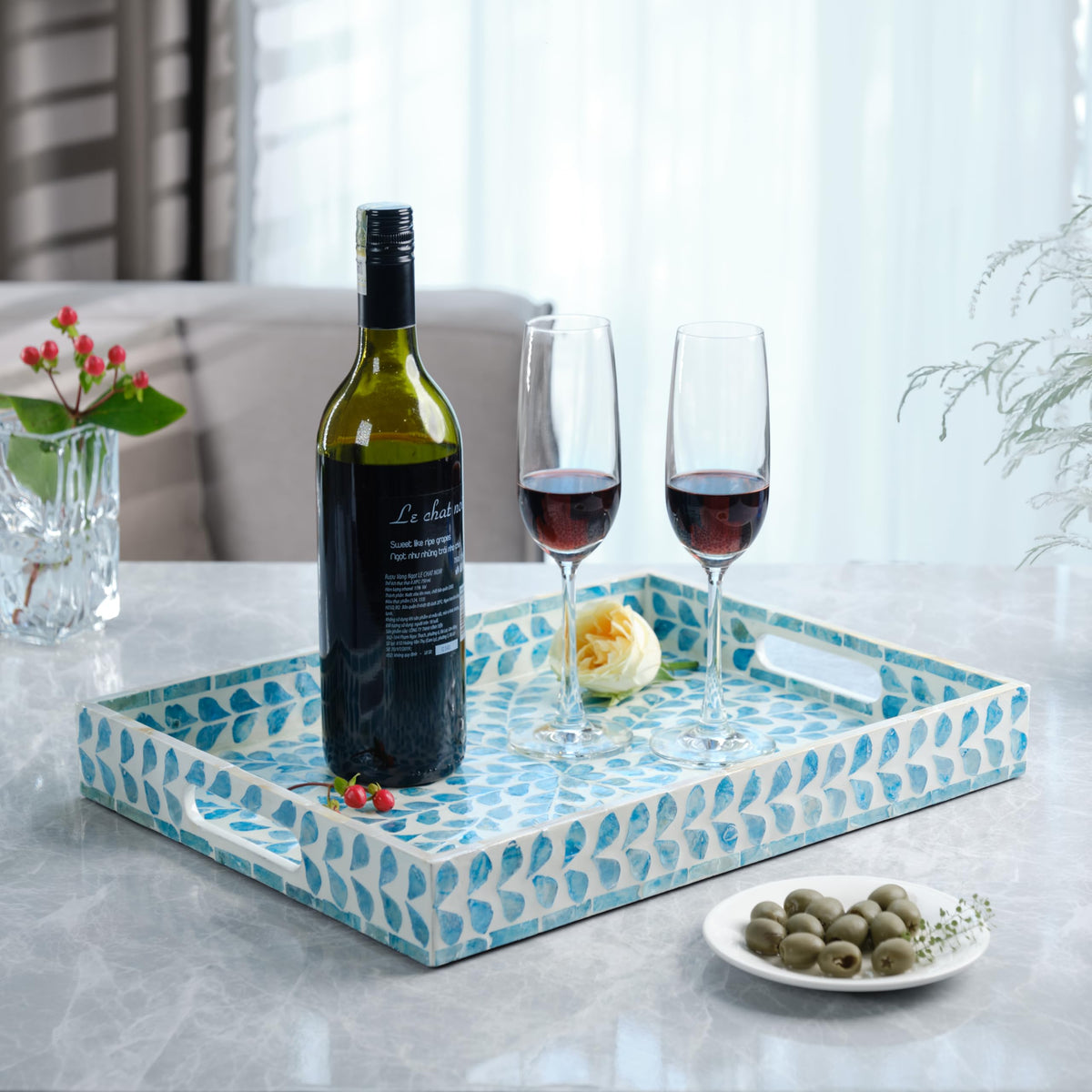 PEMAR Rectangular Mother of Pearl Serving Tray Nacre Wood Lap Ottoman Tray for Coffee Table, Luxury Decorative Handmade Eating Platters w Insert Handles (Teal Floral Pattern)