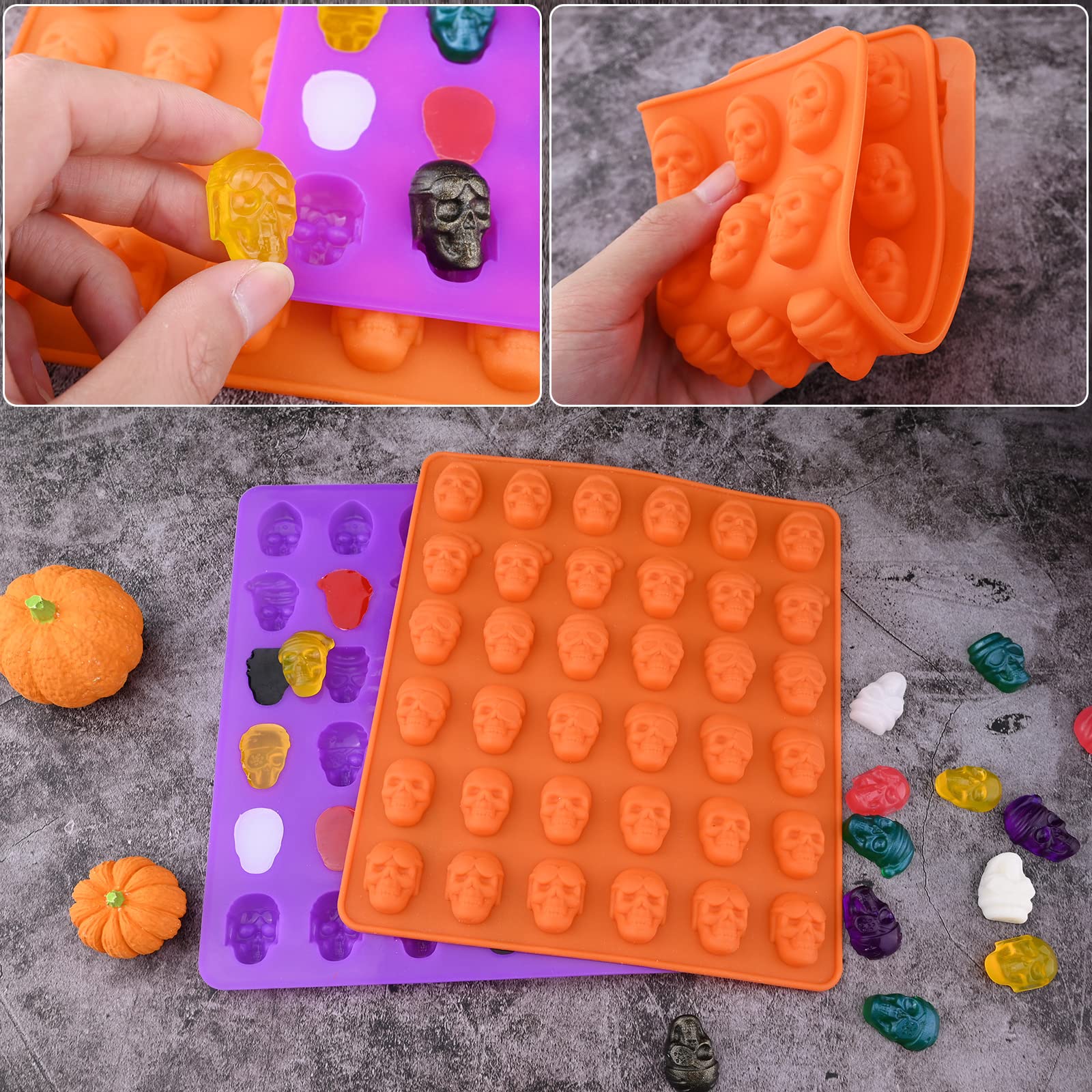 HUAKENER Gummy Skull Candy Molds, 2 Pack Chocolate Molds with 2 Dropper, Silicone Molds for Chocolate, Candy, Jelly, Dog Treats, Ice Cube, Resin Casting