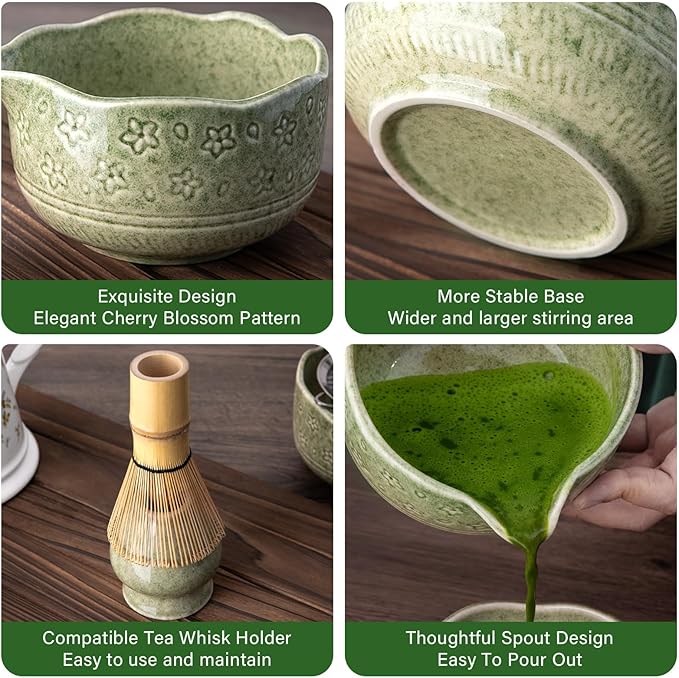 ALBISS Matcha Whisk Set, 7Pcs Ceramic Matcha Kit with Cherry Blossom Design