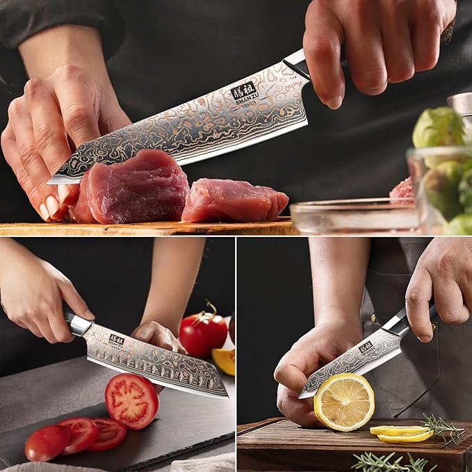 SHAN ZU 3PCS Damascus Knife Set, Japanese Kitchen Knives Set