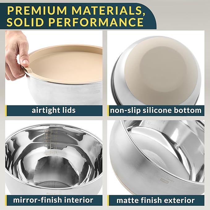 Baker's Signature Stainless Steel Mixing Bowls with Lids Set, 5 Sizes