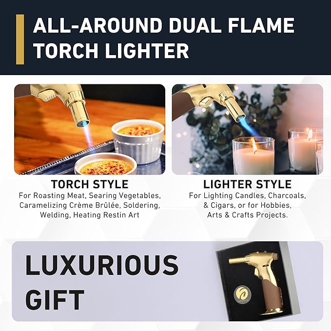 Dual Flame Butane Torch Gun - Refillable Luxury Hand Held Mini Blow Torch for Cooking, Creme Brulee, Soldering, Welding, & Resin Art - Adjustable Flame with Ignition Lock - Gold Brown by inZaynity®