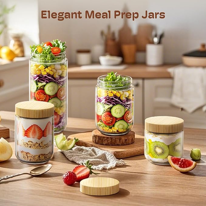 16 oz Overnight Oats Containers with Bamboo Lids, Glass Mason Jars 2 Pack