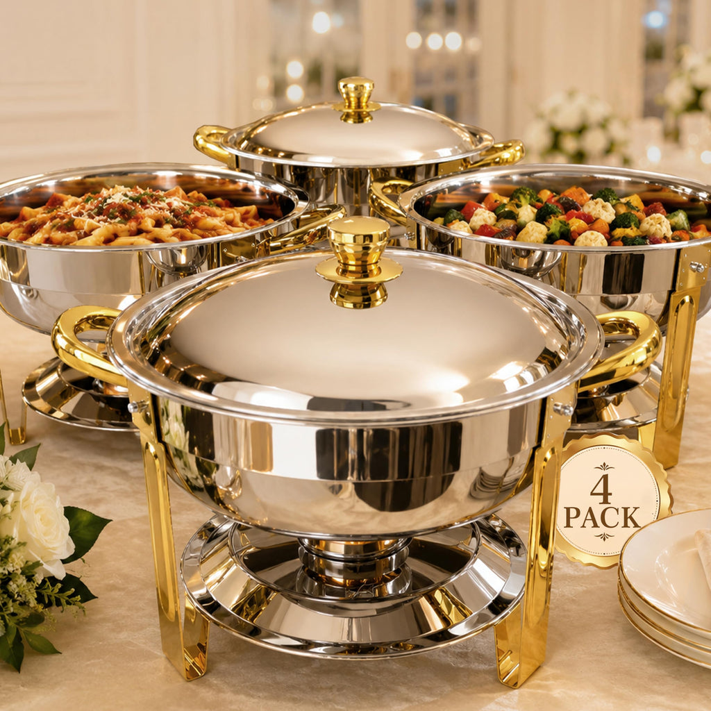 Frizoky 7QT Round Chafing Dishes for Buffet, 4 Pack, Gold Accent