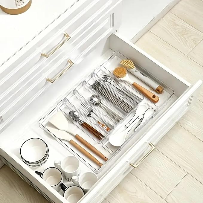 Baosia Silverware Drawer Organizer, Expandable Utensil Tray for Kitchen Drawers,BPA Free Flatware and Cutlery Holder,Adjustable Plastic Storage for Utensil like Spoons, Forks, Knives.Clear