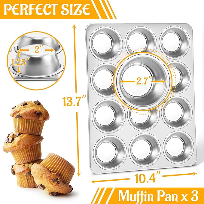 E-far Muffin Pan 12-Cup, 3-Pack Stainless Steel Cupcake Pan for Oven
