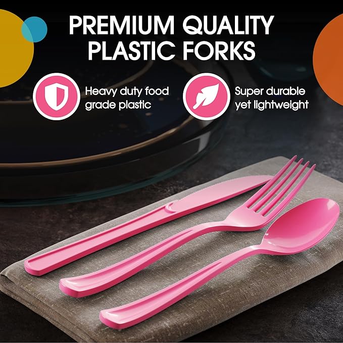 Party Solids Cerise Plastic Silverware Heavy Duty 150 Pieces Cerise Disposable Silverware Heavy Duty, Utensil Sets, 50 Of Each Forks, Knives & Spoons Disposable Cutlery Set For Party Supplies