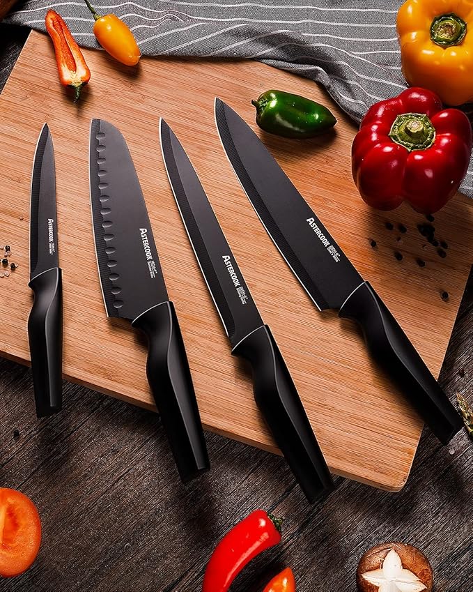 Astercook 15 Pieces Kitchen Knife Block Set with Sharpener, Black