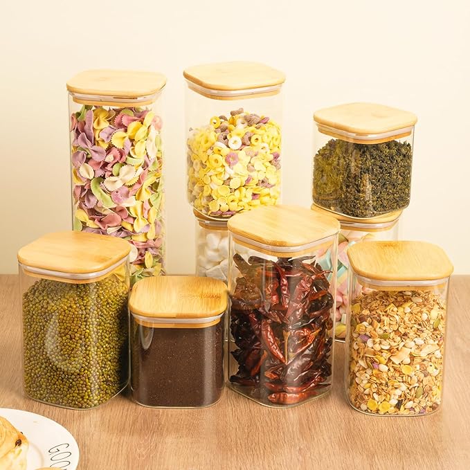 Glass Spaghetti Pasta Storage Container - 5 Pack Airtight Food Storage Jar Set with Bamboo Lid Labels - Square Kitchen Pantry Canister Organizers for Cookies Candy Coffee Bean Sugar Tea Spice Flour