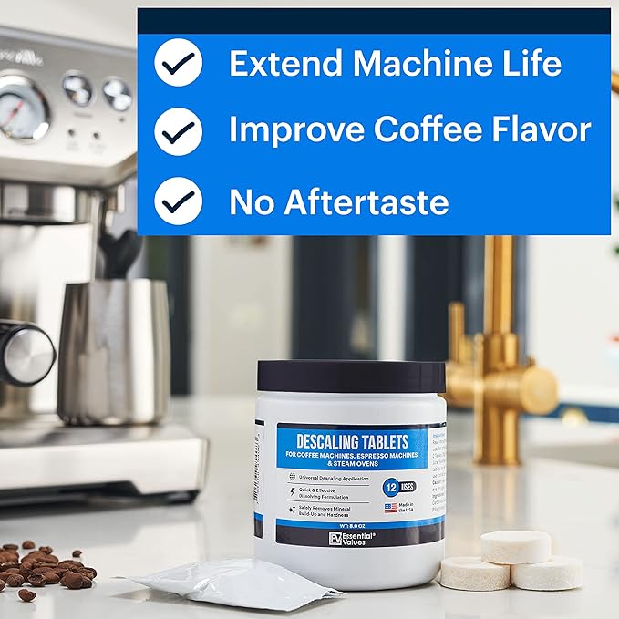 Essential Values Descaling Tablets, Descaler for Keurig Coffee Machines, Coffee Maker Cleaner for Breville, Delonghi, Jura, Miele, Bosch, Tassimo Espresso Machines and Miele Steam Ovens (Pack of 12)