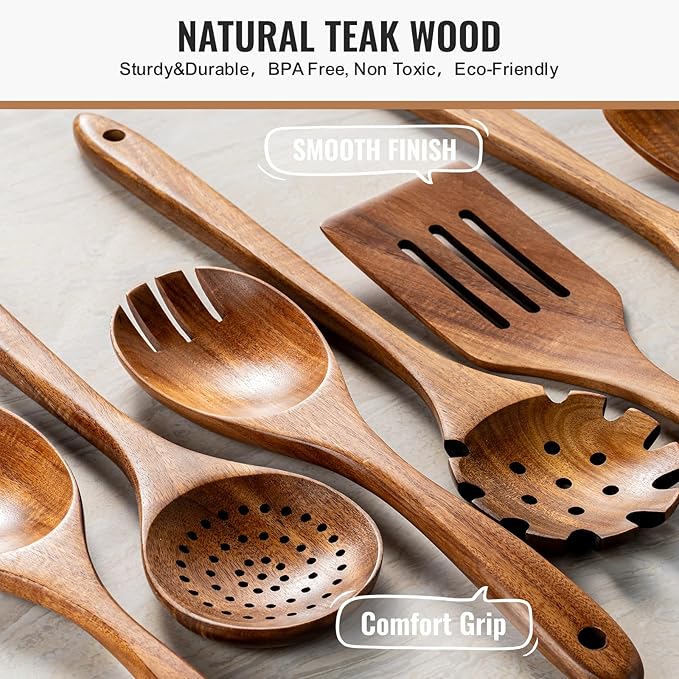 Terlulu 10 Pcs Wooden Spoons for Cooking, Natural Teak Wooden Kitchen Utensils Set, Durable Cooking Utensils Set with Comfort Grip for Cookware, Smooth Finish&NonStick& Heat Resistant Wooden Spatula